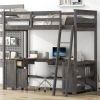 Twin Size Loft Bed with U-shaped Desk, Drawers and Storage Shelves, Antique Brown