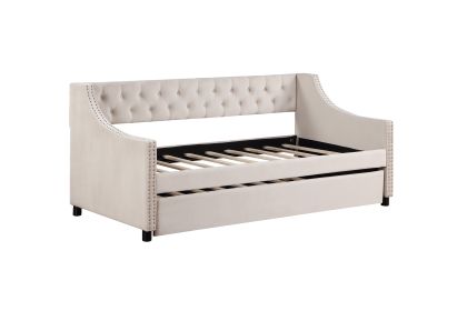 Daybed with Trundle Upholstered Tufted Sofa Bed, with Button and Copper Nail on Arms full Size Beige