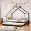 Twin Size Metal House Bed with Twin Size Trundle, Black