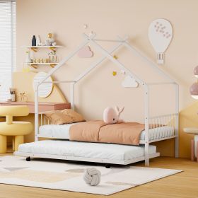 Twin Size Metal House Bed with Twin Size Trundle, White