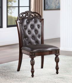 Traditional Set of 2pcs Side Chairs Brown Cherry Solid wood Espresso Leatherette Tufted Formal Dining Room