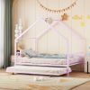 Full Size Metal House Bed with Twin Size Trundle, Pink