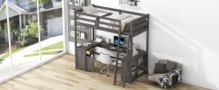 Twin Size Loft Bed with U-shaped Desk, Drawers and Storage Shelves, Antique Brown