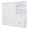 Full Size Murphy Bed with Multiple Storage Shelves and A Cabinet, White