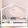 Twin Size Wooden House Bed with Drawers, White