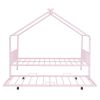 Full Size Metal House Bed with Twin Size Trundle, Pink