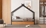 Twin Size Metal House Bed with Two Drawers, Black