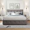 Upholstered Platform Bed with 2 Drawers and 1 Twin XL Trundle, Linen Fabric, Queen Size - Light Gray