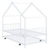 Twin Size Metal House Bed with Twin Size Trundle, White