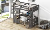 Twin Size Loft Bed with U-shaped Desk, Drawers and Storage Shelves, Antique Brown