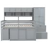 Full Size Wooden Loft Bed Big Storage with Under-bed Desk, with Drawers, with Shelves, Gray