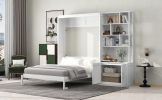 Full Size Murphy Bed with Multiple Storage Shelves and A Cabinet, White