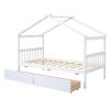 Twin Size Wooden House Bed with Drawers, White