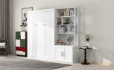 Full Size Murphy Bed with Multiple Storage Shelves and A Cabinet, White