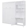 Full Size Murphy Bed with Multiple Storage Shelves and A Cabinet, White