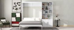 Full Size Murphy Bed with Multiple Storage Shelves and A Cabinet, White