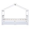 Twin Size Wooden House Bed with Drawers, White