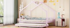 Full Size Metal House Bed with Twin Size Trundle, Pink