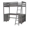 Twin Size Loft Bed with U-shaped Desk, Drawers and Storage Shelves, Antique Brown