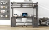 Twin Size Loft Bed with U-shaped Desk, Drawers and Storage Shelves, Antique Brown