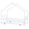 Twin Size Metal House Bed with Twin Size Trundle, White