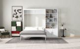 Full Size Murphy Bed with Multiple Storage Shelves and A Cabinet, White