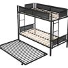 Metal bunk bed with Trundle/ Sturdy Metal Frame/ Noise-Free Wood Slats/ Comfortable Textilene Guardrail/ 2 side Ladders/ Space-Saving Trundle/ Bunk Be