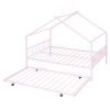 Full Size Metal House Bed with Twin Size Trundle, Pink