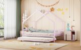 Full Size Metal House Bed with Twin Size Trundle, Pink