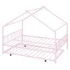 Full Size Metal House Bed with Twin Size Trundle, Pink