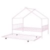 Full Size Metal House Bed with Twin Size Trundle, Pink