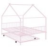 Full Size Metal House Bed with Twin Size Trundle, Pink