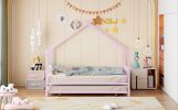 Full Size Metal House Bed with Twin Size Trundle, Pink