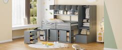 Full Size Wooden Loft Bed Big Storage with Under-bed Desk, with Drawers, with Shelves, Gray